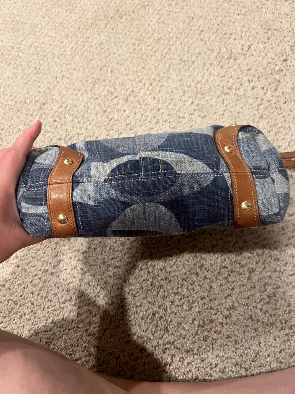 Vintage Coach Denim Carly Logo-Print Shoulder Bag in Navy and Tan - Picture 8 of 11